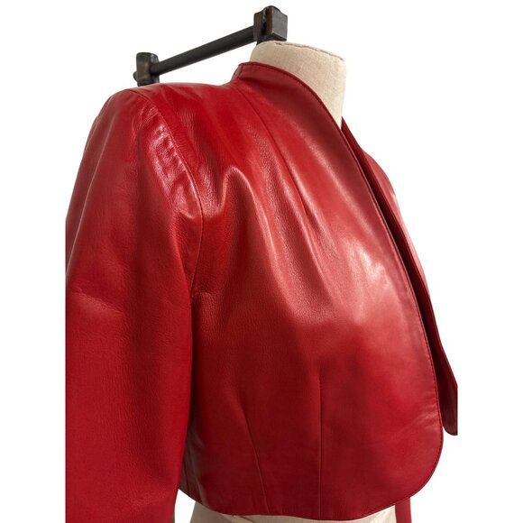 Vintage Vakko Red Leather Cropped Bolero Jacket M - Picture 5 of 12